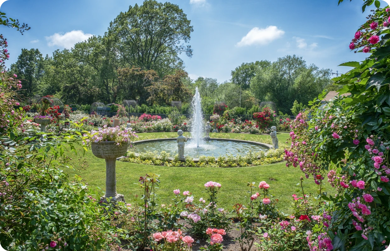 Garden fountain surrounded by colorful flowers