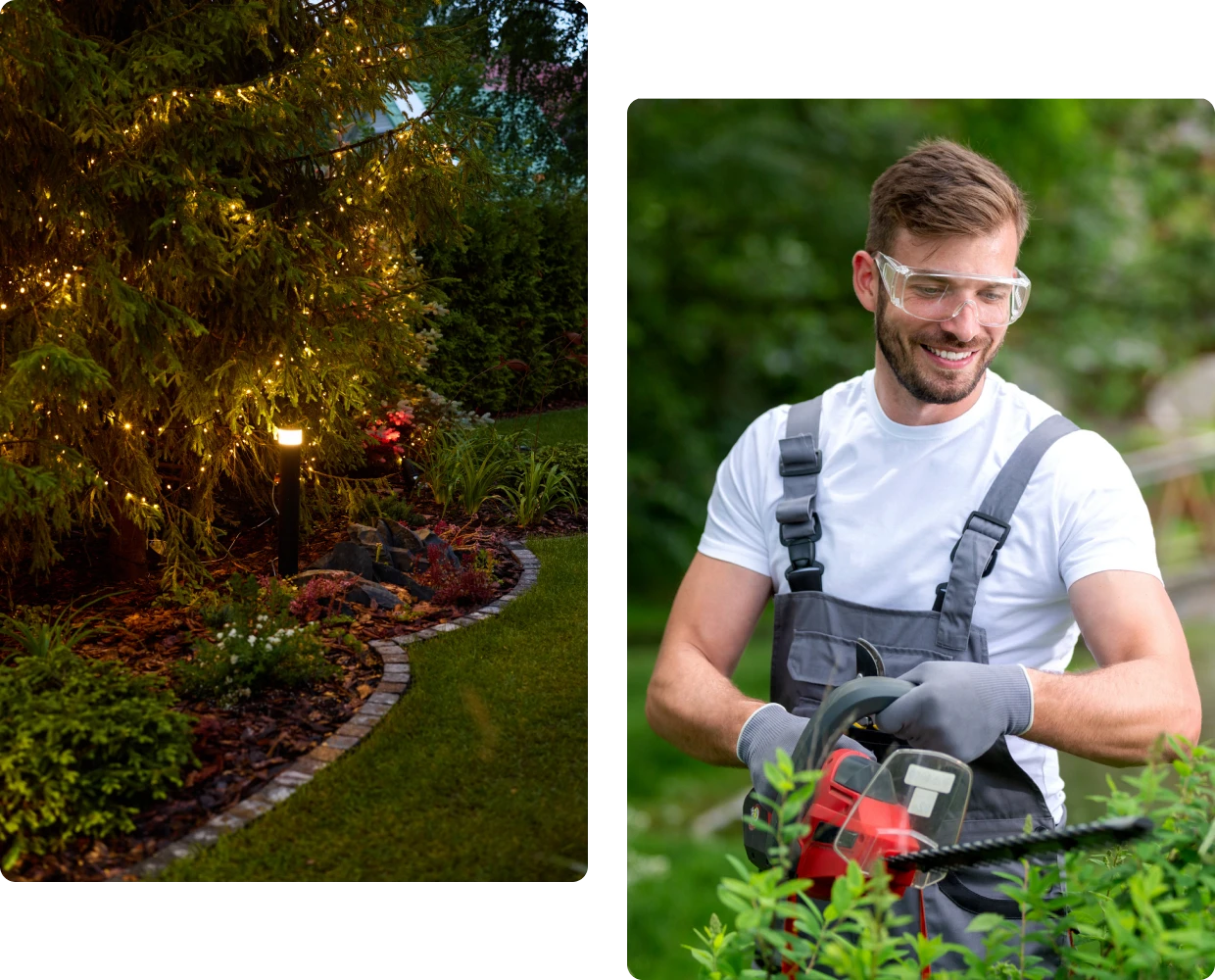Evening garden scene with gardener