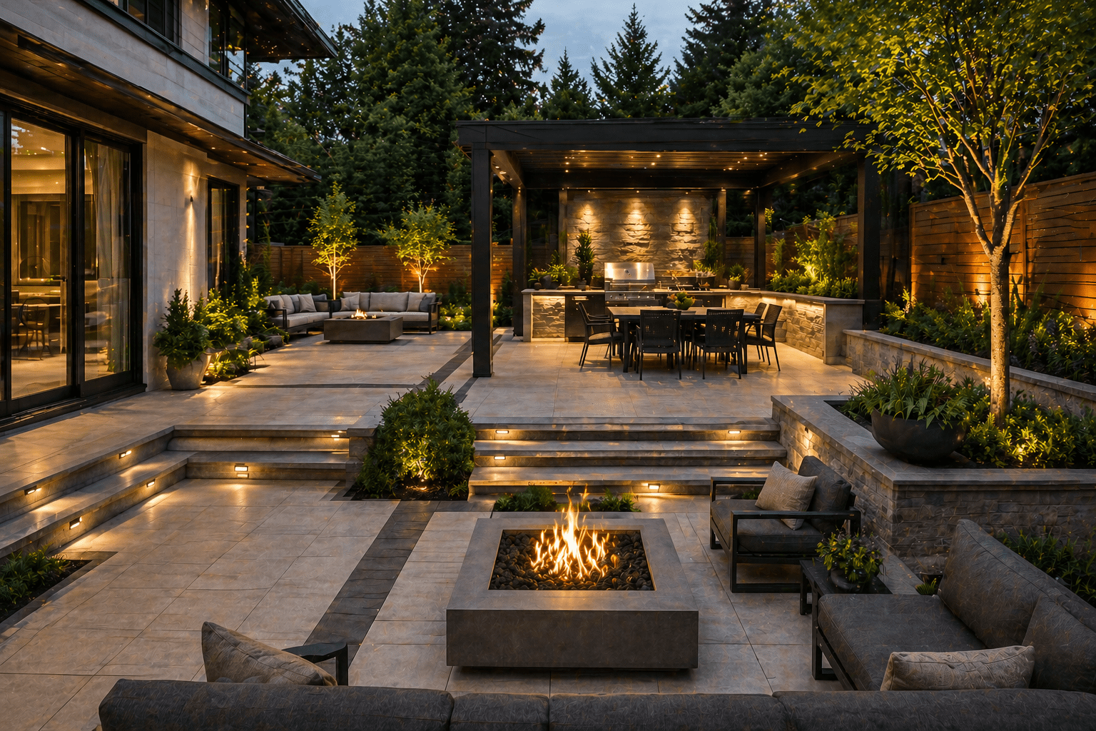 Cozy backyard patio with fire pit and ambient lighting for evening gatherings.