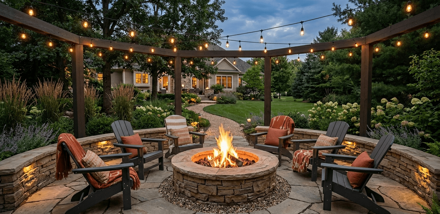 Cozy outdoor fire pit area with string lights and comfortable seating.