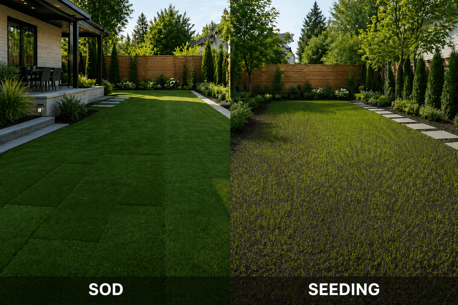 Comparison of lush sod lawn and sparse seeding lawn in a backyard.