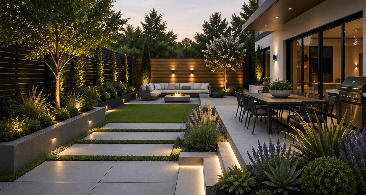 Modern outdoor patio with seating, greenery, and ambient lighting.