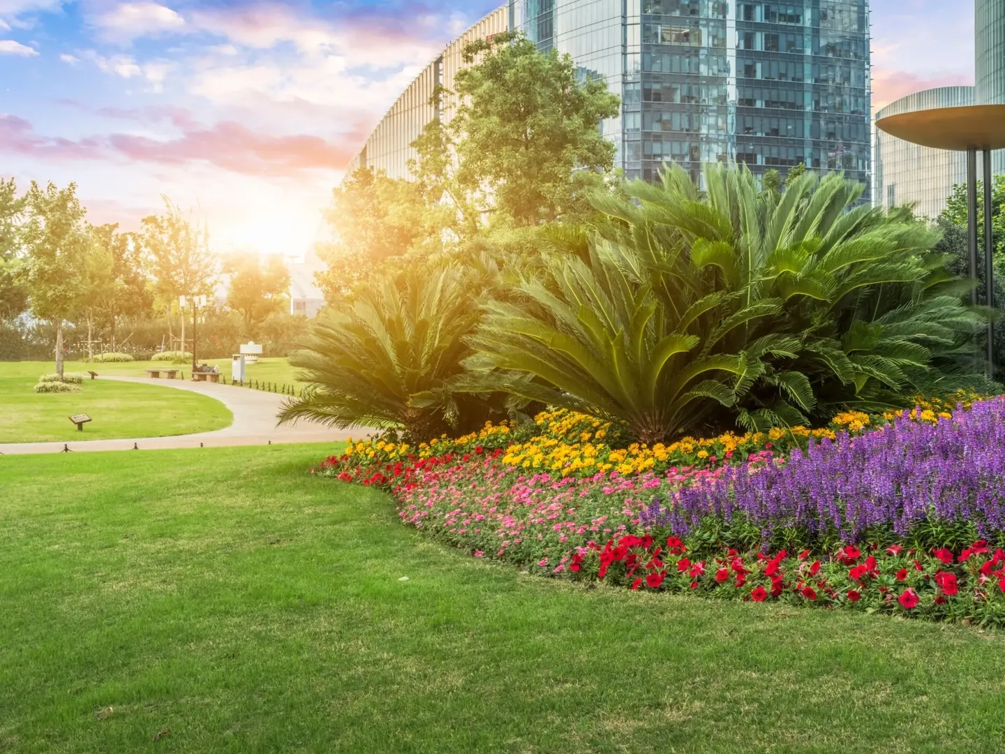 Urban park with colorful flower beds